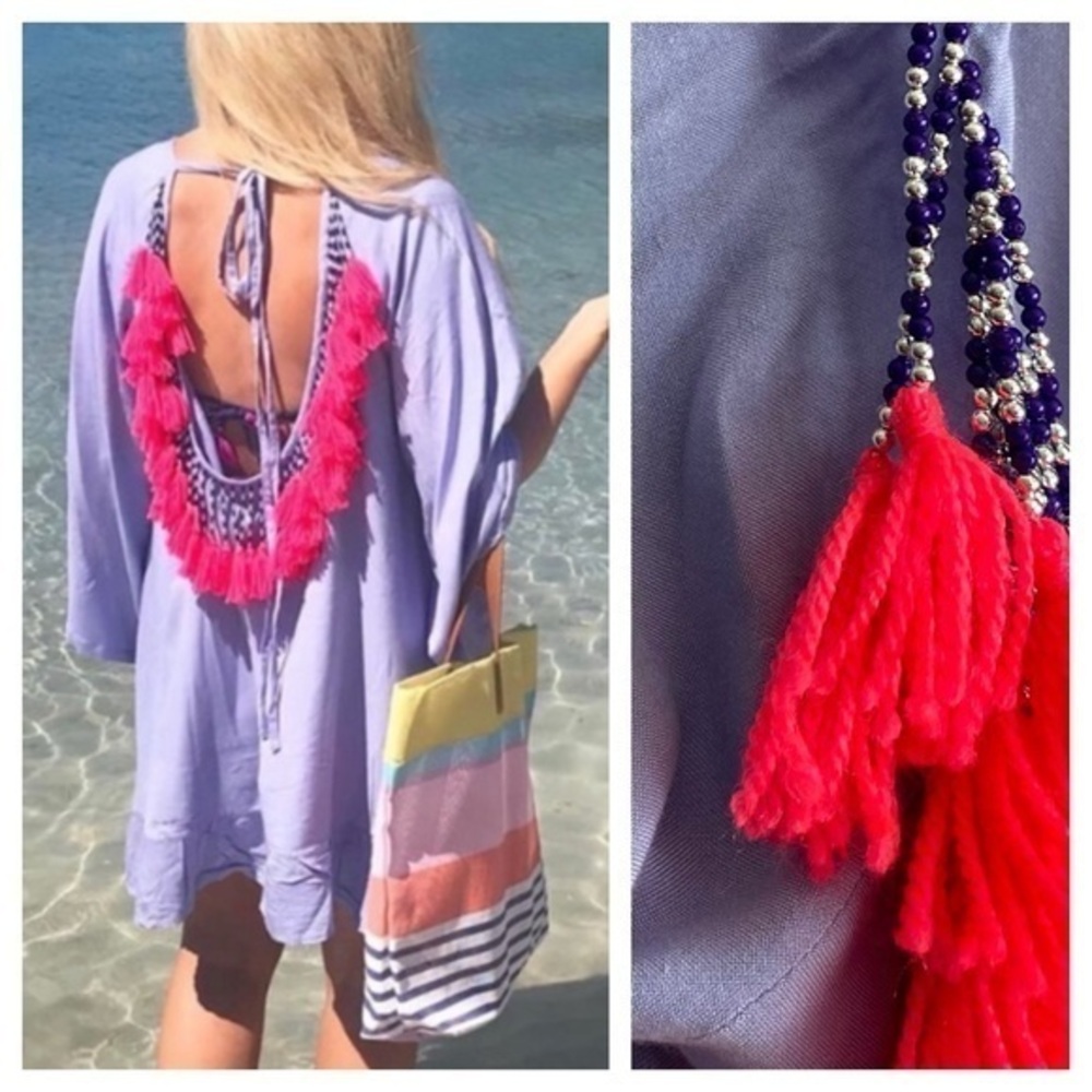 Sundress Purple Pink Indiana Beaded Fringe Swim Dress Coverup Small